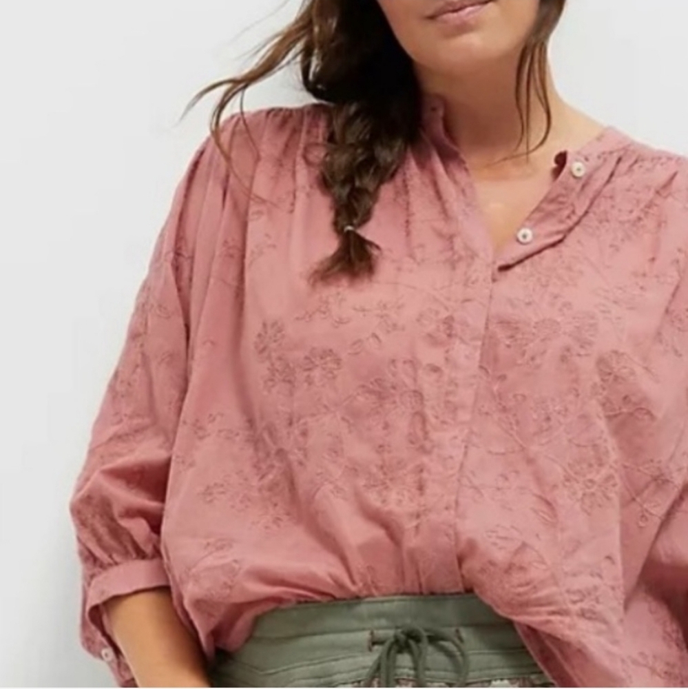 Anthropologie Pilcro Mauve Pink Cotton Floral Embroidered Button-up Batwing Top - Picture 8 of 9